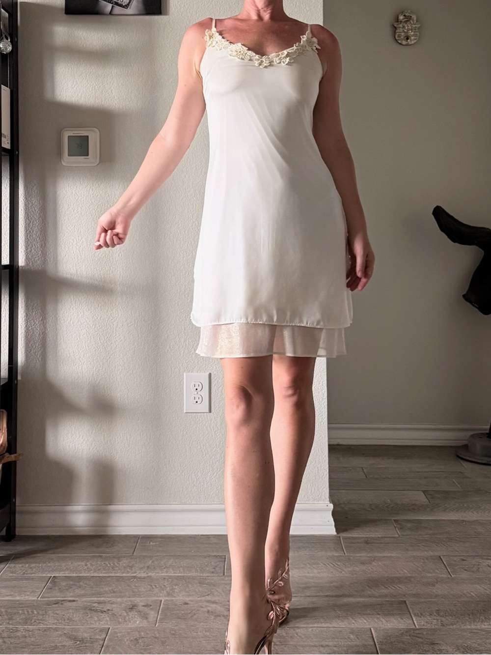 Elegant Ivory Slip Dress with Lace Trim, size S